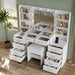 55'' W Makeup Vanity with Mirror & Lights, 10 Drawers Vanity Desk with Charging Station, 6 Open Shelves, 3 Lighting Modes Brightness Adjustable, Glass Top Vanity with Chair for Bedroom, White