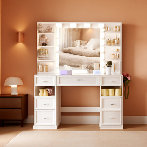 Vanity Desk with Lighted Mirror, Large Storage Makeup Table with 9 Drawers, Makeup Dressing Table with Crystal Ball Knobs Vanity Set for Women,White