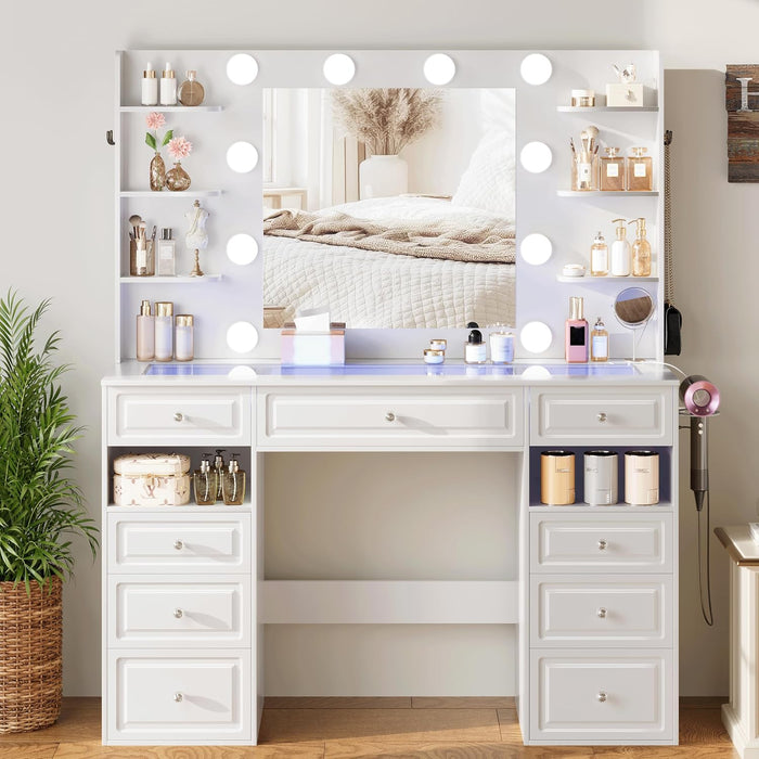 Vanity Desk with Lighted Mirror, Large Storage Makeup Table with 9 Drawers, Makeup Dressing Table with Crystal Ball Knobs Vanity Set for Women,White