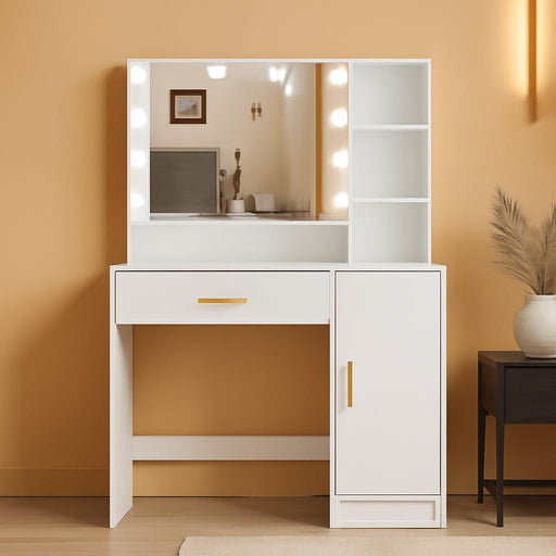Vanity Desk, Vanity Mirror with Lights and Table Set with 1 Big Drawers, 1 Cabinet & 4 Shelves Makeup Vanity Set 3 Lighting Modes Brightness Adjustable Dressing Table (White)