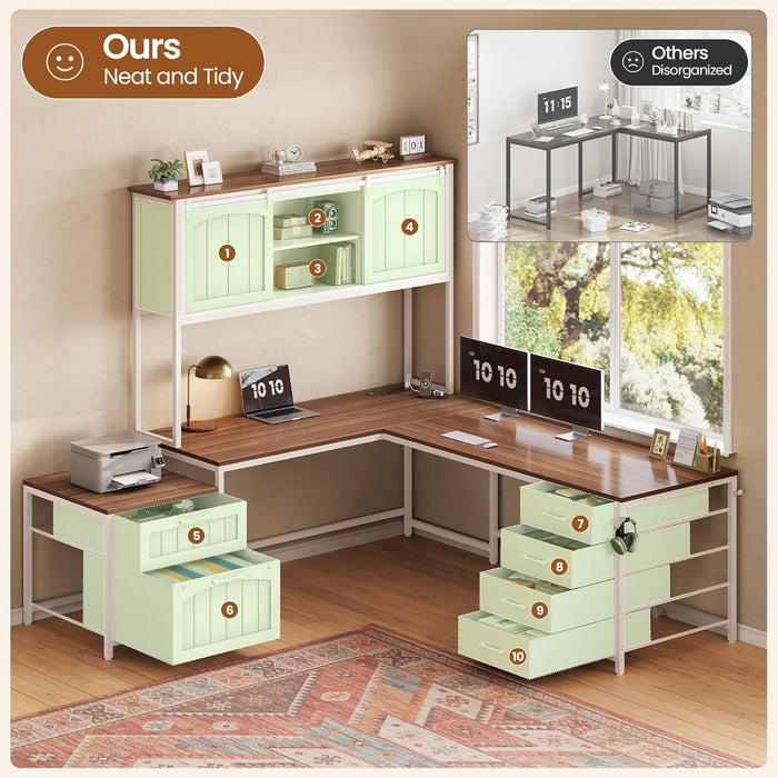 Farmhouse L Shaped Office Desk with 6 Drawer, Reversible Computer Desk with Power Outlet, Hutch for Home Office/Two Person, Corner Desk with File Drawer & Printer Storage Shelves, White