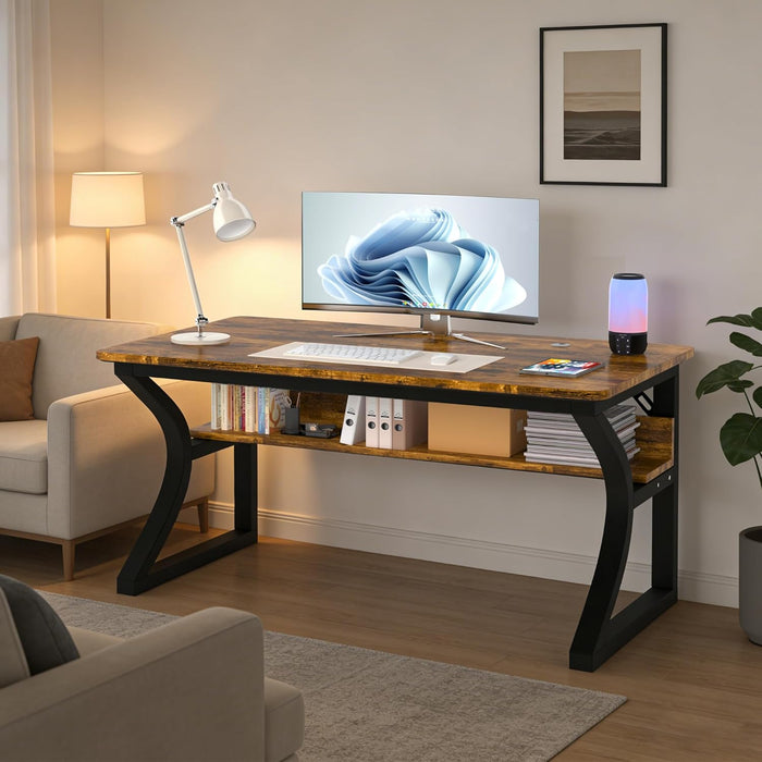 Computer Desk, 47 X 20 Inch Computer Desk, Office Desk W/Storage, Large Legroom, Sturdy Metal Frame, Home Office Desks for Gaming Study Writing Work, Waterproof, Scratch-Resistant, Rustic Brown
