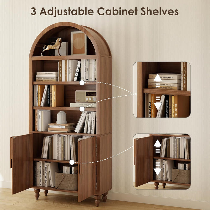 2 Pack 71" Tall Arched Bookshelf with Storage Cabinet, Modern Wood Display Bookcase with Arched Top, 3 Adjustable Open Shelves, 2 Doors Cabinet, for Living Room, Bedroom, Walnut