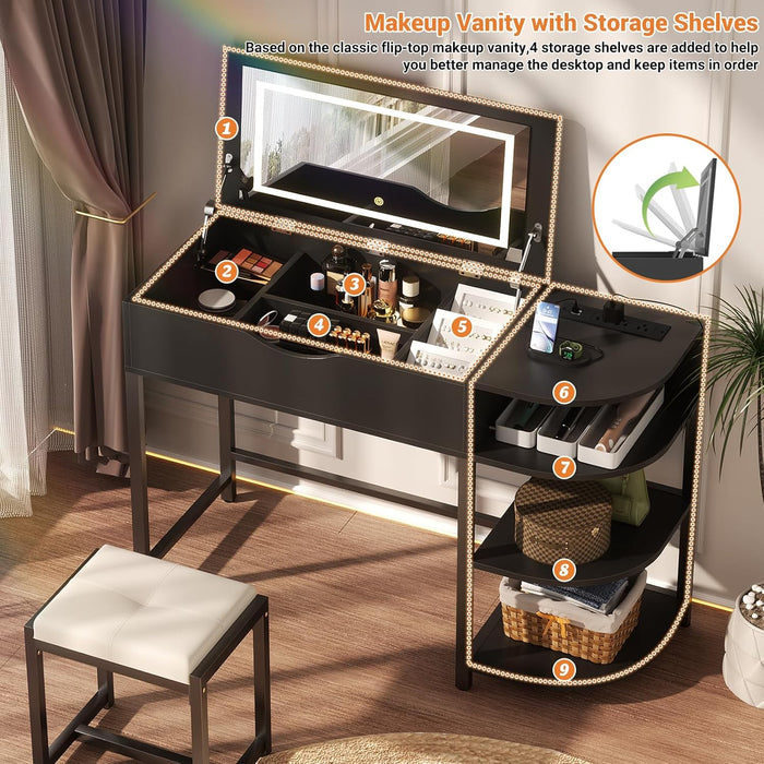 Vanity Desk with Flip Top Mirror and Lights, Makeup Vanity Desk with Drawers, Dressing Table with Storage Shelves & Charging Station, Small Vanity for Small Spaces, Black