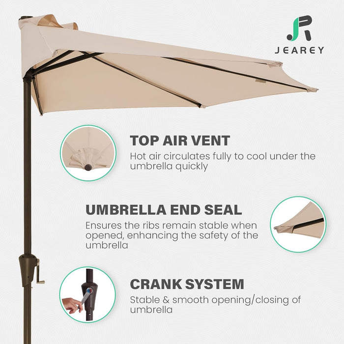 9Ft Half Umbrella Outdoor Patio Umbrella Market Umbrellas with Crank, 1/2 round Wall Umbrella 5 Sturdy Ribs UV Protection for Pool Garden Balcony Deck, Beige