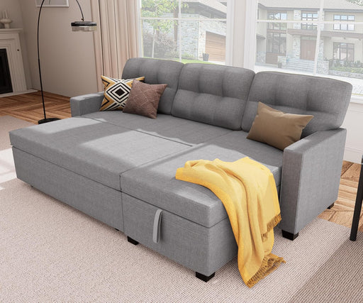 Reversible Sectional Sofa Couch, Sleeper Sofa Bed with Storage Chaise Pull Out Couch for Living Room | Hidden Stroge | Pull Out Bed | Removable Backrest | Linen Fabric, Light Grey