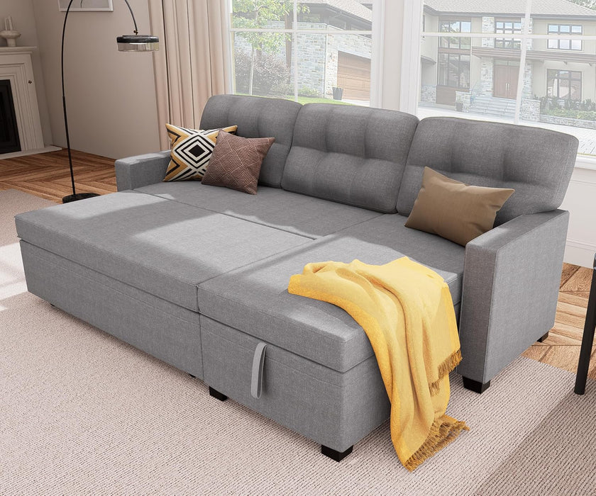 Reversible Sectional Sofa Couch, Sleeper Sofa Bed with Storage Chaise Pull Out Couch for Living Room | Hidden Stroge | Pull Out Bed | Removable Backrest | Linen Fabric, Light Grey