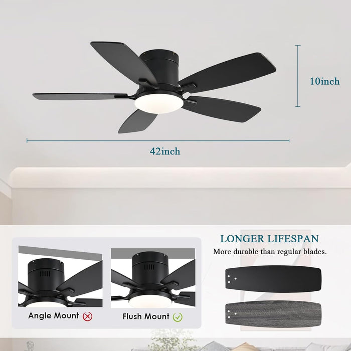 Ceiling Fans with Lights, 42 Inch Low Profile Ceiling Fan with Light and Remote Control, Flush Mount, Reversible Motor, Dimmable, Noiseless, Black Ceiling Fan for Bedroom, Indoor/Outdoor Use