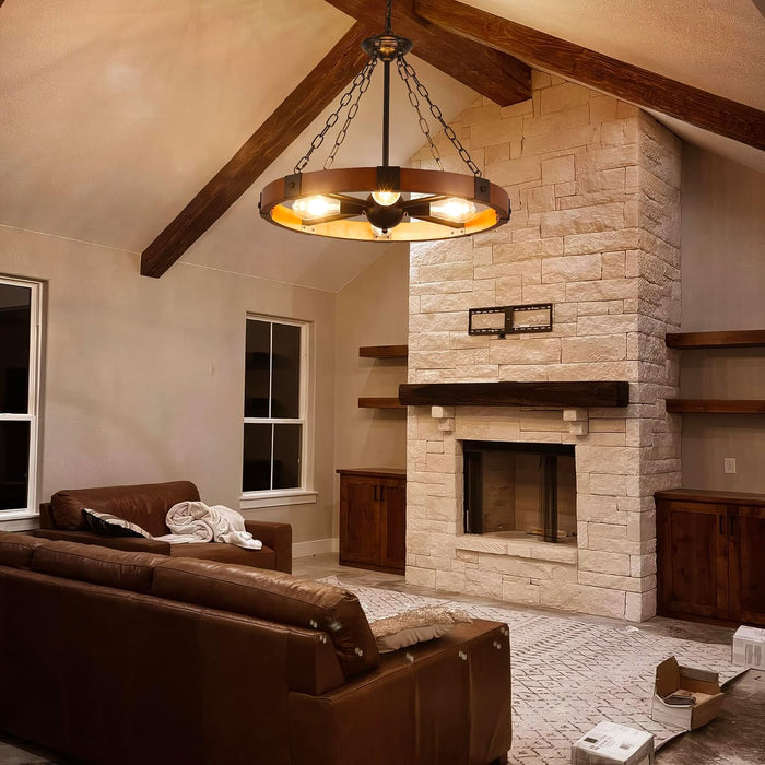 23.6 Inch Wood Wagon Wheel Chandelier 4-Light Farmhouse Chandelier