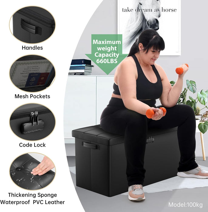 Storage Ottoman Bench with Lock,Fireproof 30 Inches Folding Bench Foot Rest Stool Storage Chest Safe for Living Room,Bedroom,Home Office,Waterproof Leather Ottoman with Handles,Black