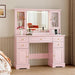 Vanity Desk with Lights, Large LED Mirror with 3 Color Modes, Makeup Vanity with Power Outlet & USB Ports, 6 Drawers & 2 RGB Glass Cabinets, Farmhouse Dressing Table for Women & Girls (Pink)
