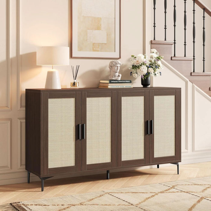 48" Rattan Buffet Cabinet with Storage, Walnut Coffee Bar Cabinet