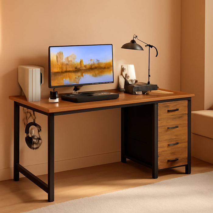 Computer Desk with Fabric Drawers - 55 Inch Long Study Work Writing Desk for Home Office Bedroom, Simple Modern Cute PC Desks with Drawer, Rustic Brown