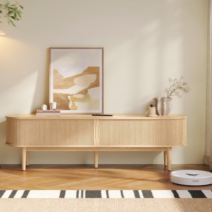 70" Fluted TV Stand for Tvs up to 80 Inch, Mid Century Modern Entertainment Center with Storage Cabinet and Sliding Doors, Farmhouse Wood Media TV Console for Living Room, Bedroom, Oak