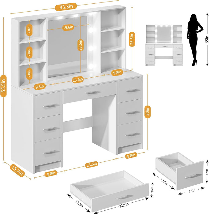 Vanity Desk with Mirror and Lights, Power Outlet, Makeup Vanity with 7 Drawers and 6 Shelves, Dressing Vanity Table Vanity Set for Bedroom, White