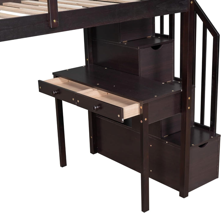 Loft Bed Twin with Desk and Storage Stairs, Space-Saving Wood Bed Frame with Drawers and Shelves, for Teens Adults (Espresso)