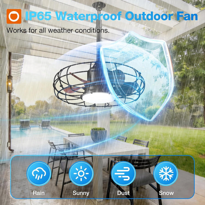 20 Inch Outdoor Ceiling Fan with Light for Patio, IP65 Waterproof Plug in Caged Hanging Fan, Remote Control, 3 CCT, 6 Speeds Reversible Outdoor Fan for Gazebo, Pergola, Porch