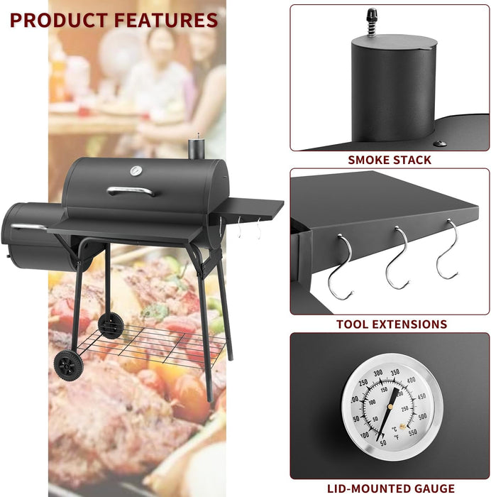 Charcoal Grill with Offset Smoker,Bbq Grills with Side Table,Outdoor Cooking with 714 Square Inches,Backyard Camping Picnics, Patio and Parties, Black by