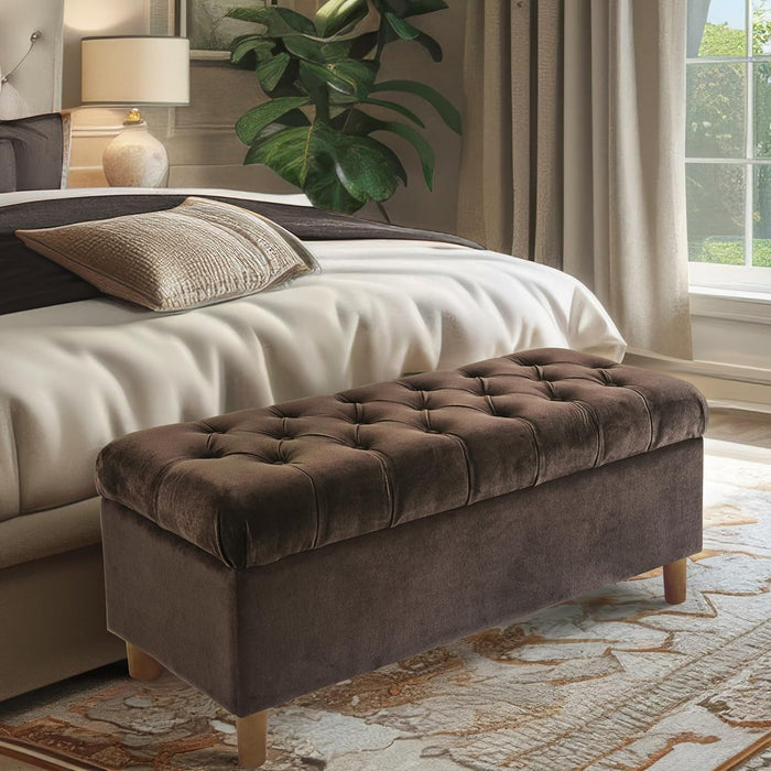 Home Decor | Tufted Ainsley Button Storage Ottoman Bench with Hinged Lid | Ottoman Bench with Storage for Living Room & Bedroom, Chocolate Brown Velvet