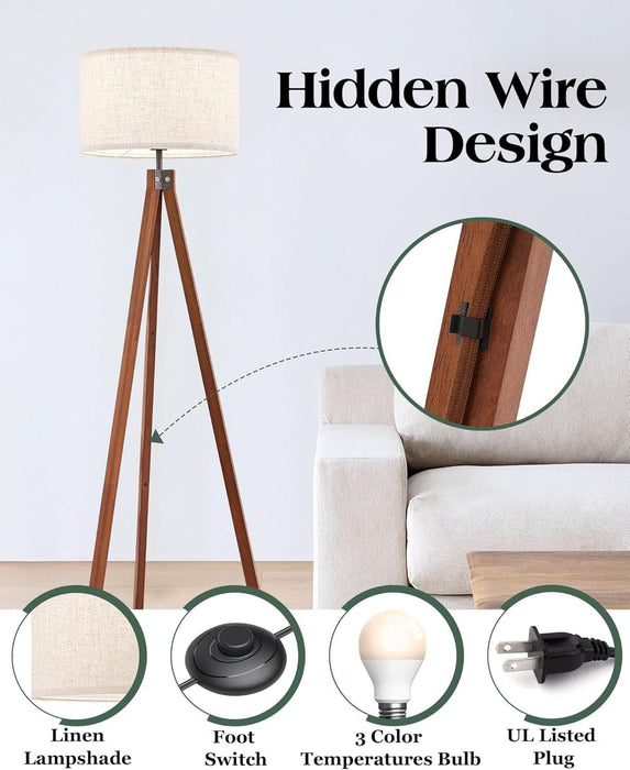 Solid Wood Tripod Floor Lamp with 3 Color Temperatures LED Bulb, Mid Century Modern Reading Standing Light Nature Linen Shade Tall Night Light for Bedroom Living Room Office Study Room, Brown