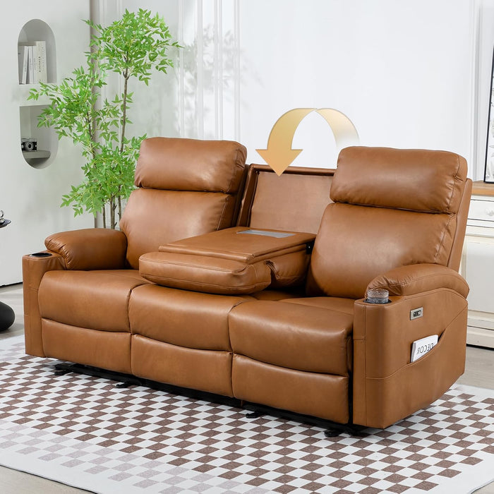 Power Reclining Sofa - 3 Seater Recliner Sofás, PU Leather Sofa, Home Theater Seating with Flipped Middle Backrest, Power Recliner Couch for Living Room(Brown)