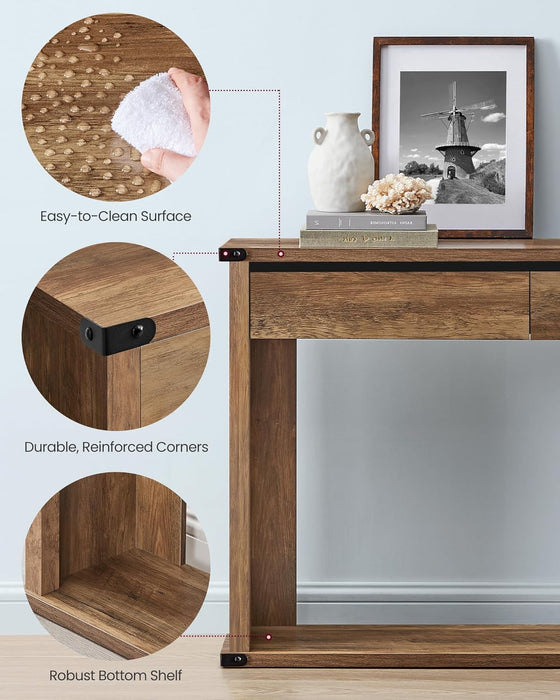 LIRY Collection - Sofa Console Table, 63 Inches Narrow Entryway Table with 3 Drawers, Bottom Shelf, Metal Corners, for Living Room, Bedroom, Farmhouse Style, Honey Brown ULNT146KB01S