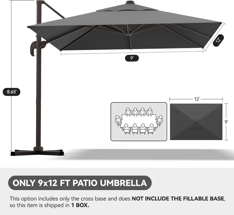 9X12Ft Cantilever Patio Umbrella, Rectangle Offset Umbrella 7 Angle Tilts & 360° Rotation, Large Heavy Duty Outdoor Sun Umbrella for Pool Market, Grey