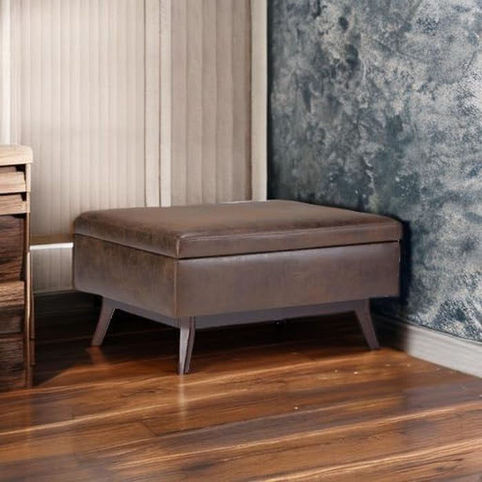 Owen 34 Inch Wide Mid Century Modern Rectangle Coffee Table Storage Ottoman in Distressed Chestnut Brown Vegan Faux Leather, Assembled, for the Living Room, Entryway and Family Room