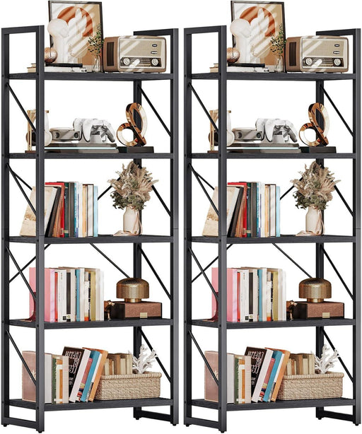 5 Tier Bookshelf 2 Pack, Black Bookcase Storage Organizer, Modern Book Shelf Storage Rack Shelves for Bedroom, Living Room, Home Office, Black