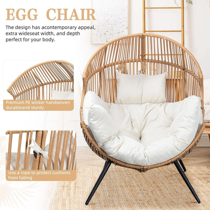 Outdoor Wicker Egg Chair PE Rattan Chair with Cushion, Oversized Patio Lounge Chair for Outdoor, Indoor, Balcony, Backyard, Garden, Beige