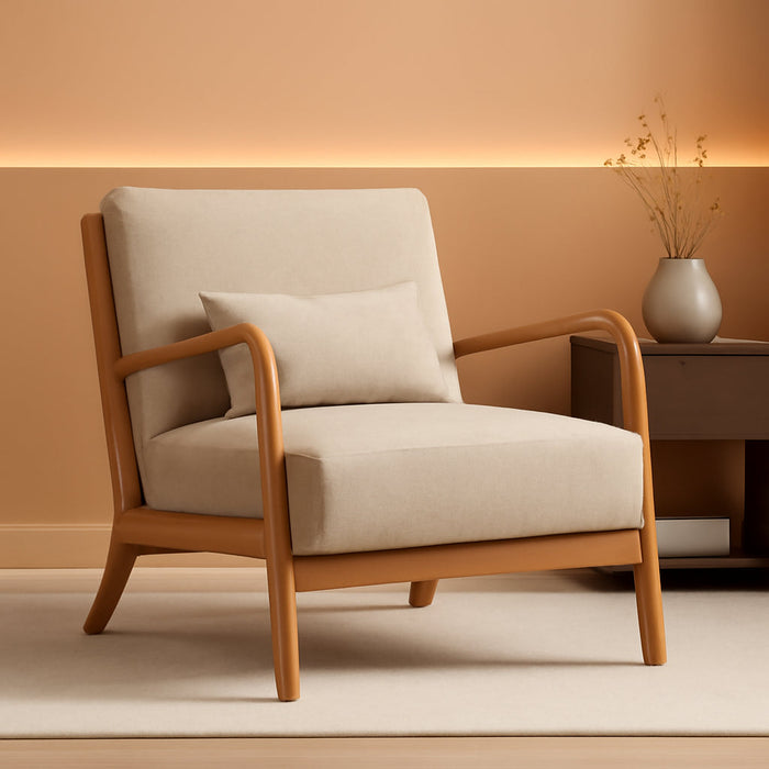 Mid Century Modern Accent Chair with Wood Frame, Upholstered Living Room Chairs with Waist Cushion, Reading Armchair for Bedroom Sunroom (Beige)