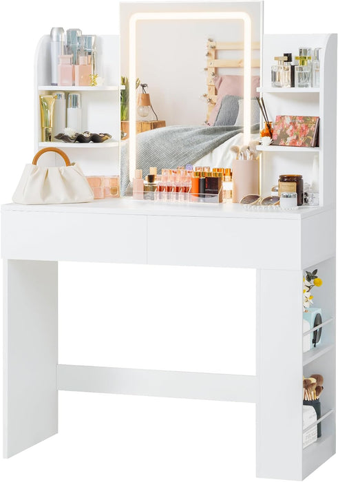 Makeup Vanity with Mirror and Lights, Vanity Desk with 3 Color Modes and Adjustable Light Brightness, Makeup Table with Storage Drawer, Open Shelves, and Side Storage (White, No Bench)