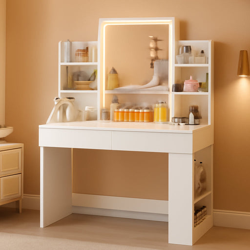 Makeup Vanity with Mirror and Lights, Vanity Desk with 3 Color Modes and Adjustable Light Brightness, Makeup Table with Storage Drawer, Open Shelves, and Side Storage (White, No Bench)