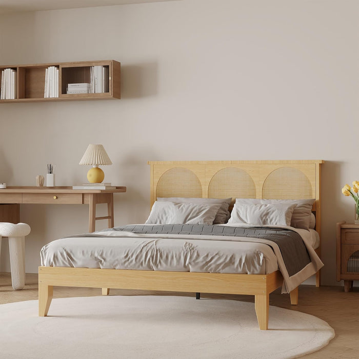 Rattan Bed Frame with Headboard, Wooden Platform Bed Frame Queen Size with Smart RGB LED Storage Headboard, Boho Wood Bed Frame No Box Spring Needed, under Bed Storage, Easy Assembly