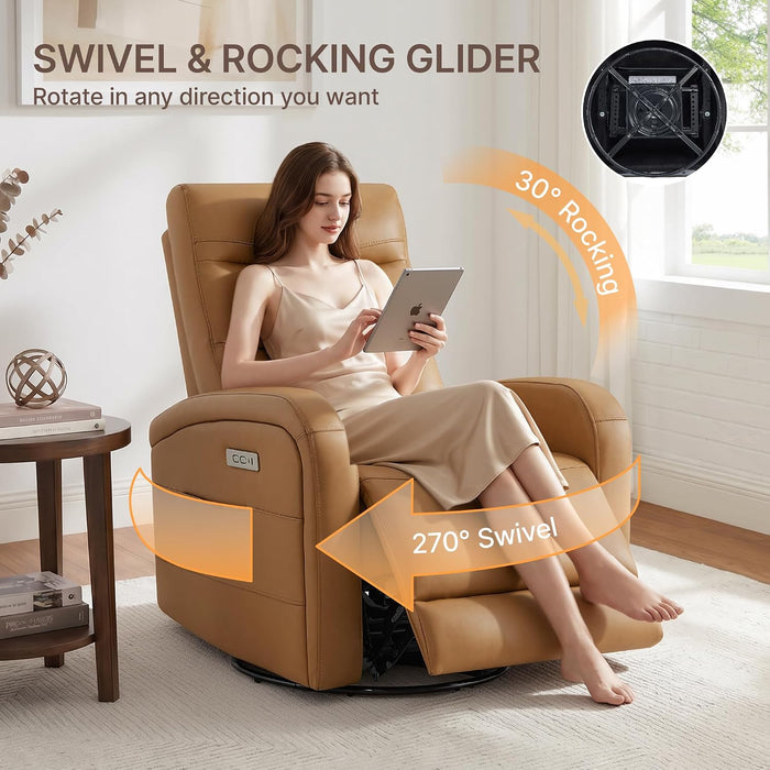 Power Swivel Recliner Chair, Faux Leather Recliner 270° Rotation Modern Nursery Glider, Ergonomic Armrest & Side Storage Pocket, Comfortable Armchair for Living Room Bedroom & Nursery