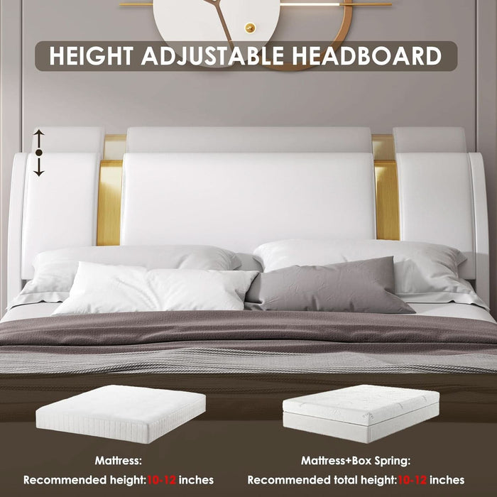 Modern Faux Leather Upholstered Platform Bed Frame with Golden Iron Metal Decor, Adjustable Curved Headboard, Wooden Slats Support, No Box Spring Needed, Queen Size, White