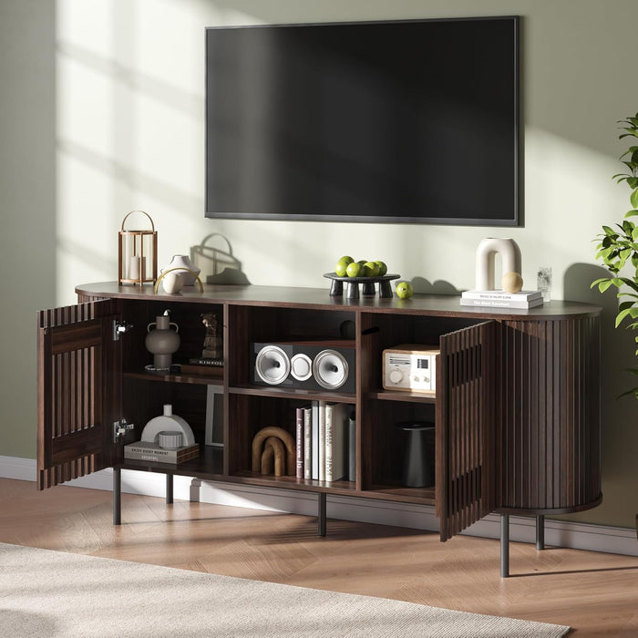 65 Inch TV Stand for Tvs up to 75 Inch, Mid Century Modern Entertainment Center with Storage and Adjustable Shelves, Curved Profile Design,Media Console with Cable Management for Living Room, Brown