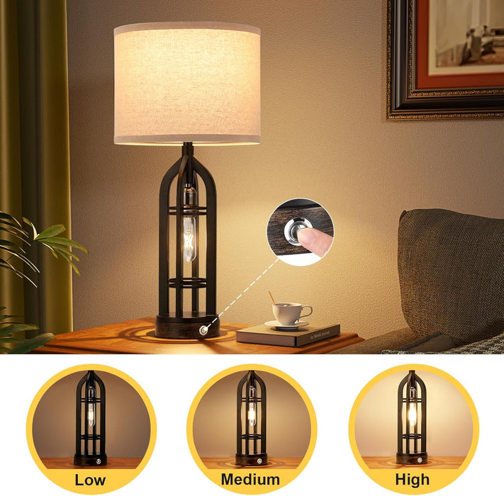 Table Lamps for Living Room - Black Bedside Lamp for Bedroom with USB C+A & Outlet, Farmhouse Lamps for Night Stands, 3-Way Dimmable Touch Lamps for Living Room with Oat Shade(Single)