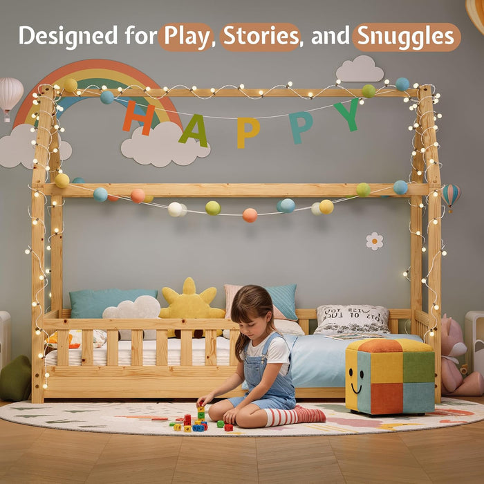 Twin Size NaturalWood PlayhouseStyle Bed Guardrails