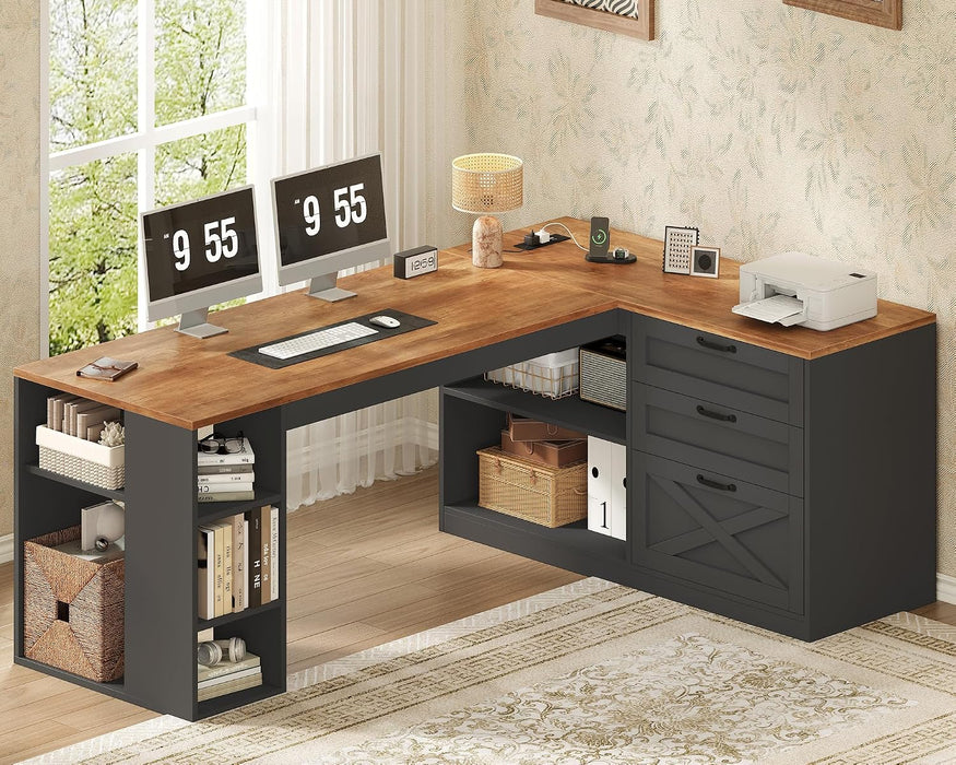 Farmhouse L Shaped Computer Desk with Drawers, Power Outlet for Home Office