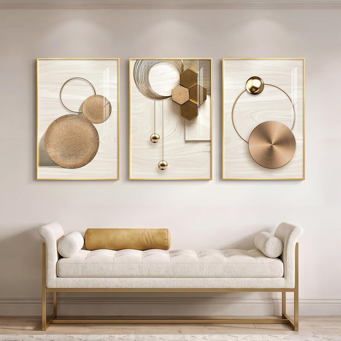 Large Framed Modern Luxury Gold Wall Art for Living Room, 3 Piece 24X36 in | Bright Style Art Prints, Golden Geometric Pictures, Crystal Coating Wall Art, Fade Resistance Prints for Bedroom Dining Room