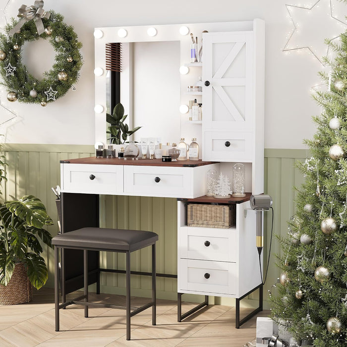Farmhouse Makeup Vanity Desk With Illuminated Mirror