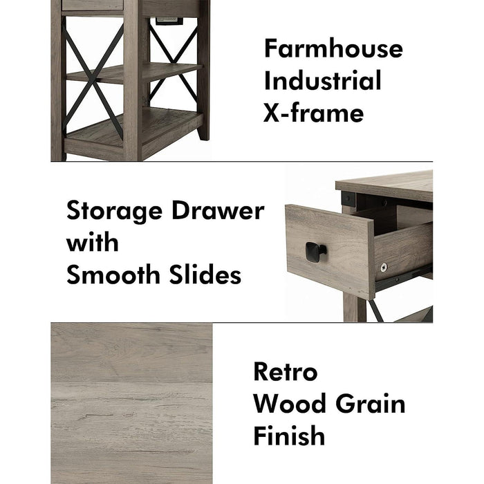 Farmhouse Slim Side Table with Charging Station