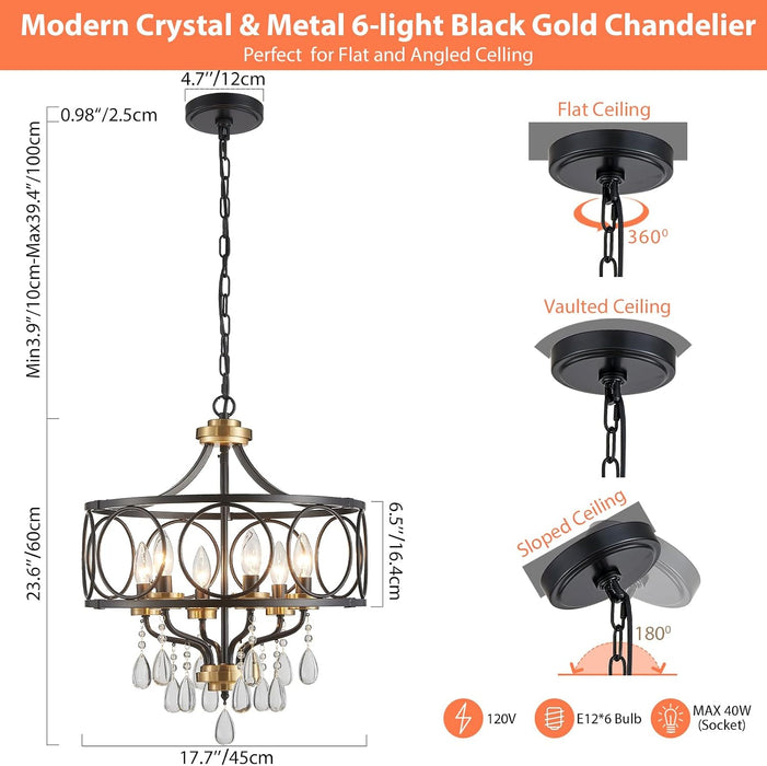 Crystal Chandeliers for Dining Room,17.7" Black and Gold 6 Lights Hanging Pendant Lighting Fixture Metal Farmhouse Chandelier for Kitchen Island Entryway Living Room