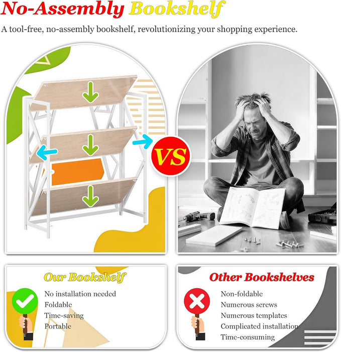 No Assembly Wide Folding Bookshelf, 34" H X 30.9" W, 3 Tier Foldable Book Shelf Industrial Bookcase, Vintage Collapsible Storage Shelves for Home Office Living Room Bedroom, Light Oak White
