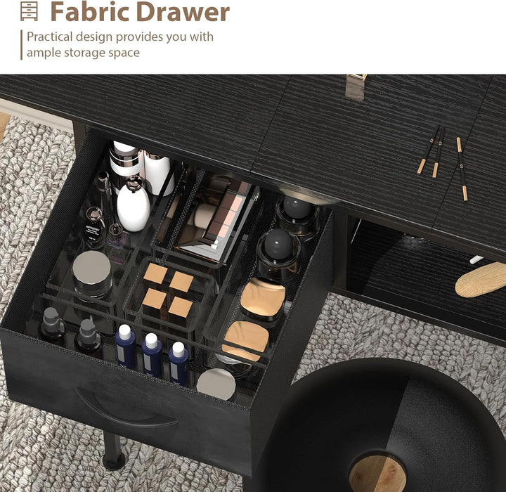 Vanity Desk without Mirror, Small Makeup Vanity Table with Fabric Drawers and Power Outlet, Compact Makeup Desk for Girls Bedroom and Small Space, Black