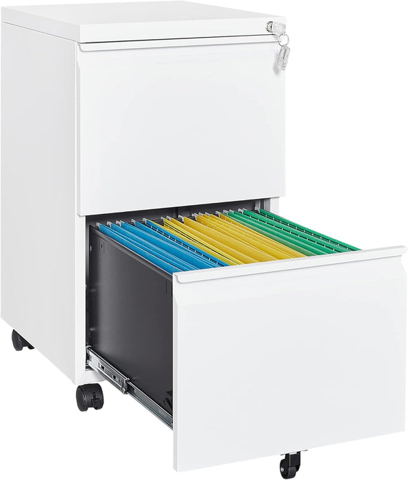 2 Drawer Mobile File Cabinet with Lock,Under Desk Metal Filing Cabinets for Home Office Organizer Letters/Legal/A4(Fully Assembled-White)