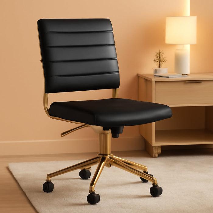 Ivy Armless Swivel Task Chair for Home Office in Black Faux Leather with Polished Brass Frame