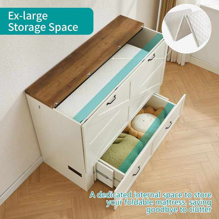 Queen Murphy Bed with Charging Station Large Storage Drawer Farmhouse Wood Space Saving Hidden Foldable Cabinet Bed for Bedroom Office School, Rustic White