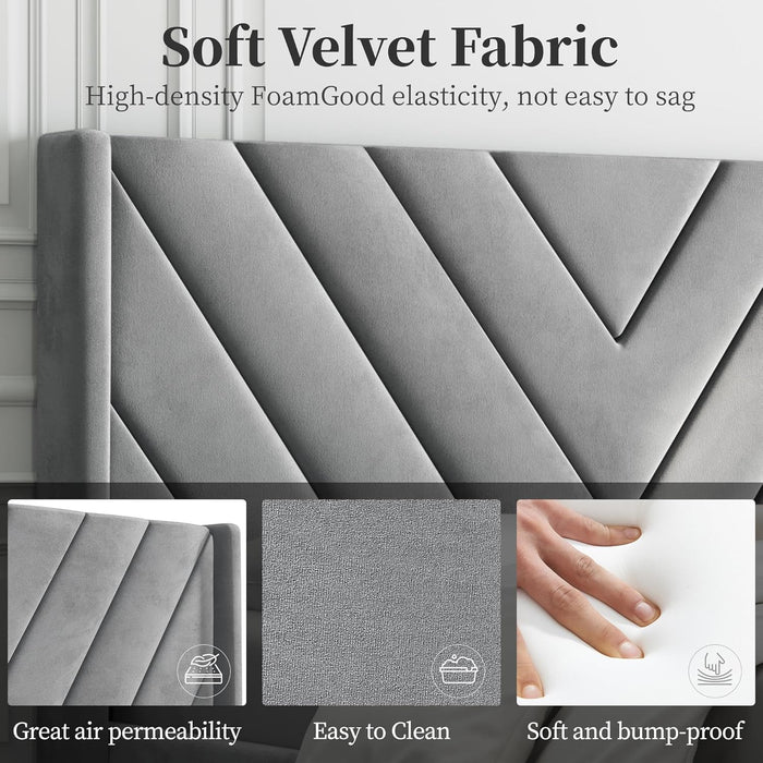 Queen Bed Frame Upholstered Platform Bed with Wing Side/Wooden Slat Support/Tufted Headboard with Wing Side/Mattress Foundation/No Box Spring Needed,Light Gray Queen Bed